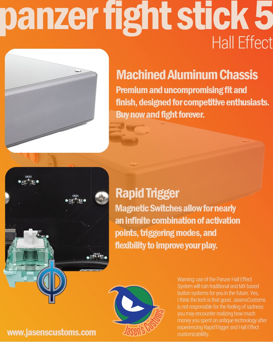 Are you living in mechanical switch hell? Don't limit yourself. Check out the #RapidTrigger tech in the #PanzerFightStick5 #HallEffect system. Fully customizable inside and out.

jasenscustoms.com