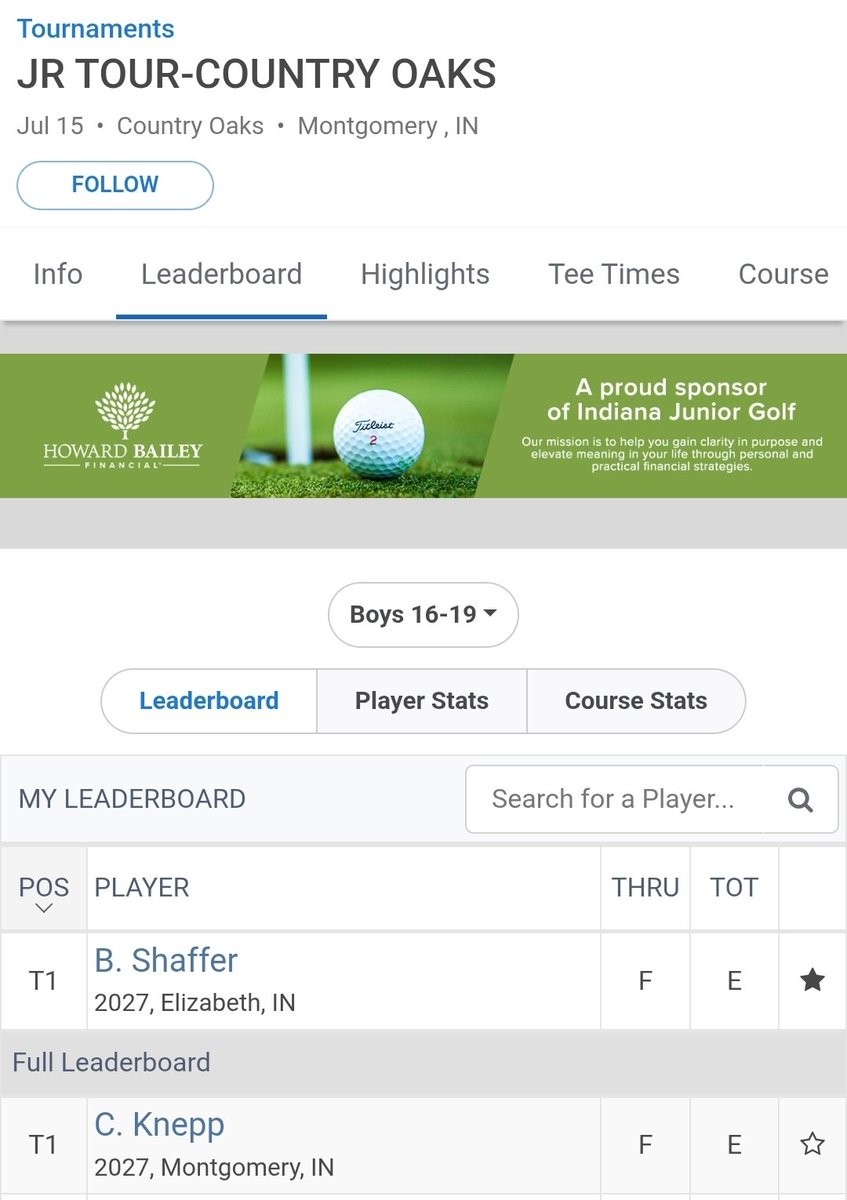 Congratulations to Brandt Shaffer on a great round! He secured the win on the first playoff hole at Country Oaks!