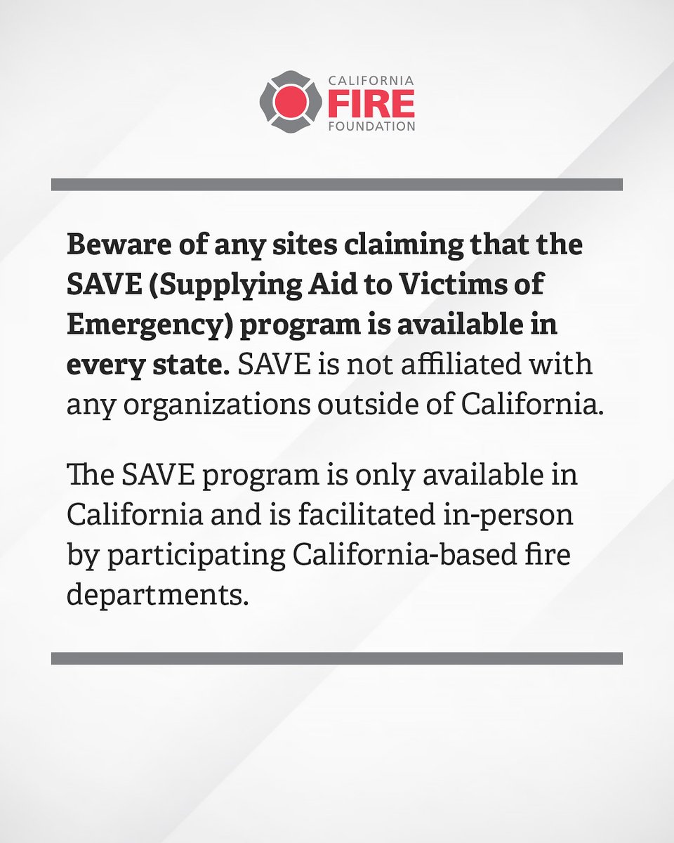CAFireFound's tweet image. The California Fire Foundation is proud to provide immediate aid to those impacted by wildfires and natural disasters across our state❤️
**PLEASE NOTE: This program is not affiliated with any organizations outside of California.**