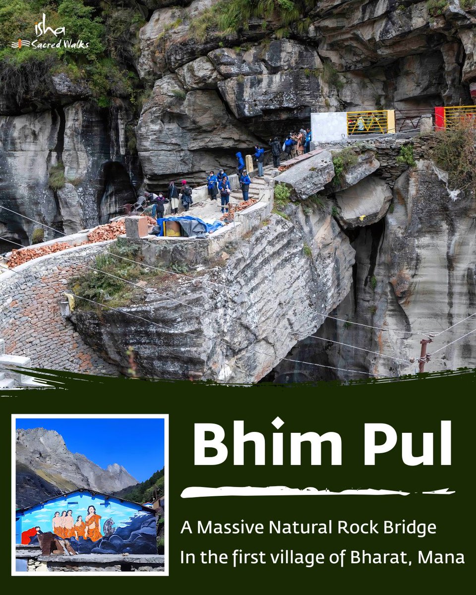 IshaSacredWalks's tweet image. In Mana Village, Uttarakhand, where the road ends and legends live, lies Bhim Pul—a natural stone bridge over the Saraswati River. Said to be placed by Bhima for Draupadi during their final journey to heaven, it echoes the Mahabharata in the Himalayas.
#ishasacredwalks
