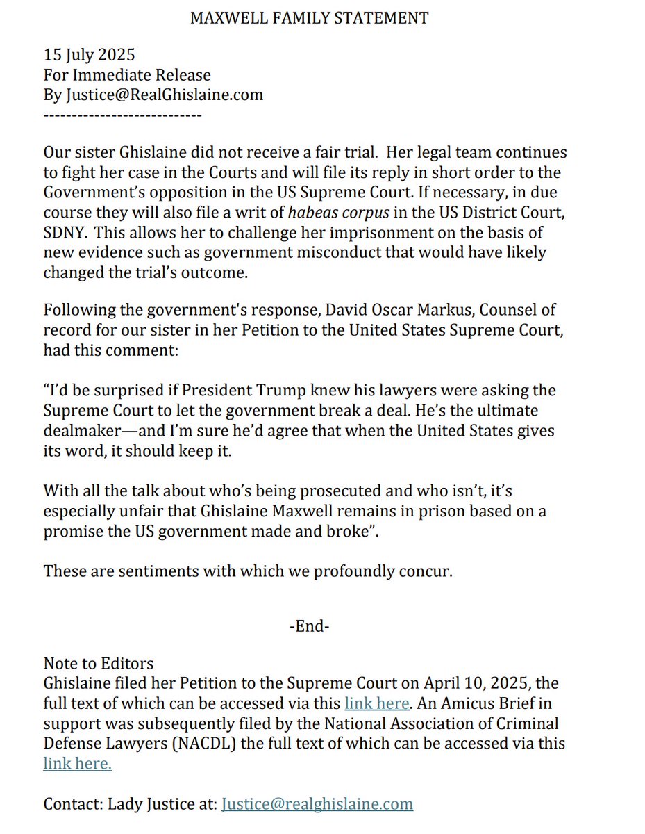 RealGhislaine's tweet image. MAXWELL FAMILY FILES STATEMENT ON JULY 15, 2025
realghislaine.com