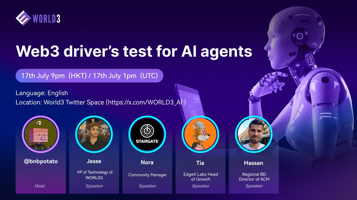 🚨 AMA ALERT: Web3 Driver’s Test for AI Agents 🧠🌐

Join us July 17 for a deep dive into autonomous agents in the next-gen internet.

🕘 9PM HKT | 🕐 1PM UTC
🎙️ Twitter Space: x.com/i/spaces/1lPKq…
👤 Host: Hai Sin
🎤 Guests:
– Jesse (VP of Technology, WORLD3)
– Nora