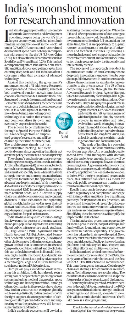 1kunalbahl's tweet image. The Indian Govt recently announced a ₹1 lakh crore Research, Development and Innovation (RDI) scheme. I wrote about the opportunities it presents for the Indian Deeptech ecosystem in @htTweets.