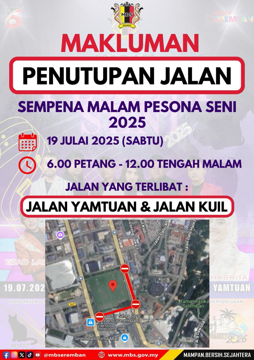 UNTUK MAKLUMAN SEMUA

PENUTUPAN JALAN SEMPENA MALAM PESONA SENI 2025

Jalan yang terlibat ;
1. Jalan Yam Tuan
2. Jalan Kuil

19 Julai 2015 (Sabtu)
Mulai 6.00 Petang hingga 12 Tengah Malam
