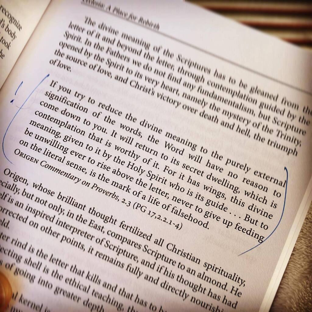 schelske's tweet image. Origen, (3rd century) on the trouble with reading the Bible literally. “…to be unwilling ever to rise above the letter, never to give up feeding on the literal sense, is the mark of a life of falsehood.” 😳 (From Commentary on Proverbs, 2.3