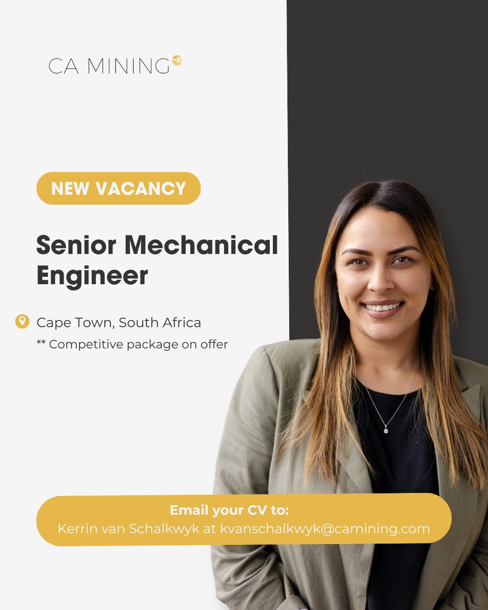 CAGlobal_Jobs's tweet image. 𝐕𝐚𝐜𝐚𝐧𝐜𝐲! Senior Mechanical Engineer – Cape Town, South Africa

🔗 camining.com/jobs/senior-me…

📧 Kerrin van Schalkwyk at kvanschalkwyk@camining.com

#MiningJobs #MiningEngineering #EPCMProjects #MechanicalDesign