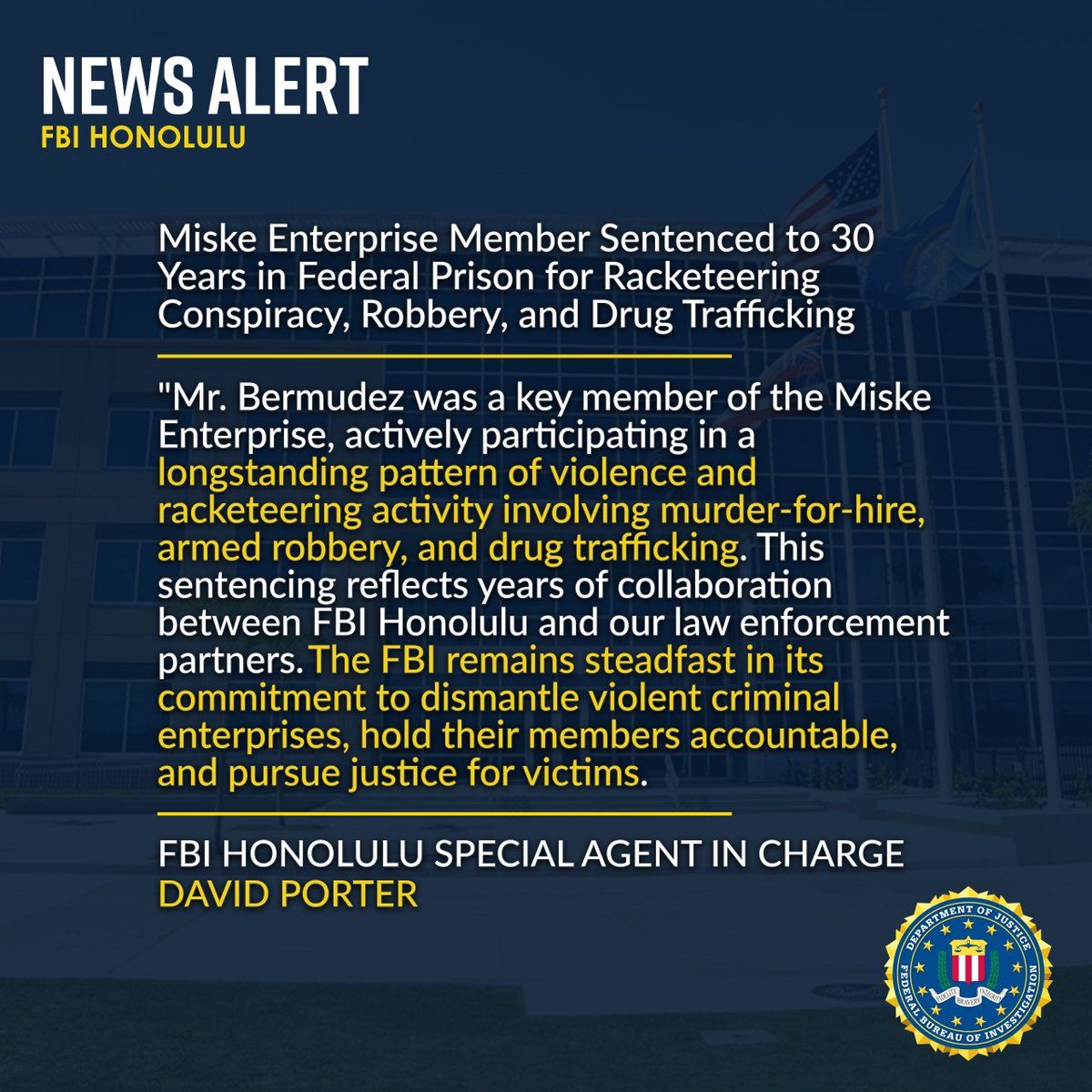 News Alert: Miske Enterprise Member Sentenced to 30 Years in Federal Prison for Racketeering Conspiracy, Robbery, and Drug Trafficking: justice.gov/usao-hi/pr/mis…