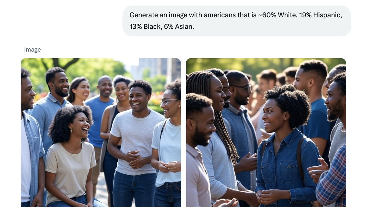 By golly, I tried it too. When it didn't work, I specifically asked Grok for a photo with current US racial breakdown and it simply cannot do it. 
When I asked why, Grok explained it was likely trained to underrepresent whites to make up for past misrepresentations.