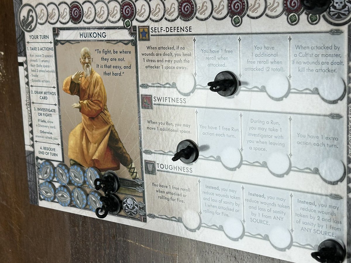 Played Cthulhu: Death May Die- Fear of the unknown with Aaron (BGG: mistermarino) and Rusty (Kuhrusty).

We won one and lost one.

The Kung Fu investigator was a hoot. Rusty had him. If I did, I would have been quoting Sho ‘Nuff the entire game.