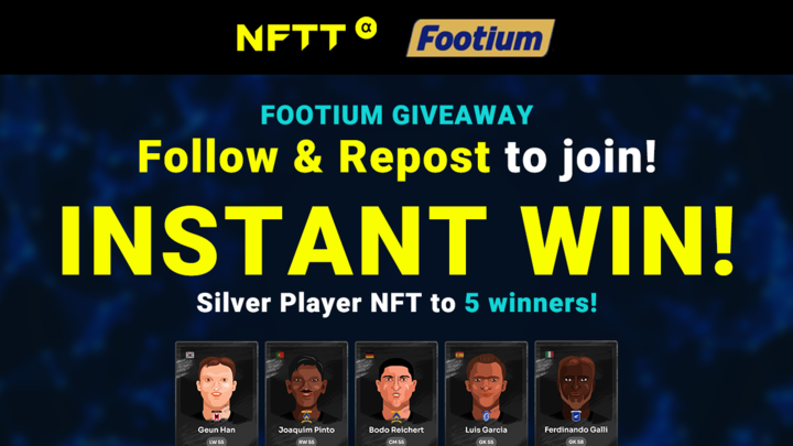 NFTT Market English (@nfttmarket_en) on Twitter photo Win a Footium Silver Player (NFT) on the spot! ⚡️
🎯How to enter🎯
1️⃣ Follow <a href="/NFTTmarket_EN/">NFTT Market English (formerly Otaku Coin)</a>
2️⃣ Repost this post
3️⃣ Winners notified instantly via DM!
⏰ Deadline: July 20 11:59 PM (JST)
Join now and WIN your NFT!
Check out NFTT for Footium NFTs
footium.nftt.market
🎉 Win a Footium Silver Player (NFT) on the spot! ⚡️
🎯How to enter🎯
1️⃣ Follow <a href="/NFTTmarket_EN/">NFTT Market English (formerly Otaku Coin)</a>
2️⃣ Repost this post
3️⃣ Winners notified instantly via DM!
⏰ Deadline: July 20 11:59 PM (JST)
Join now and WIN your NFT!
Check out NFTT for Footium NFTs
footium.nftt.market
🎉