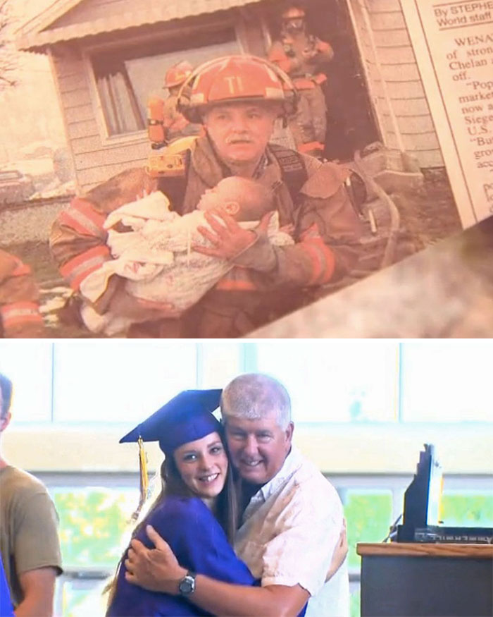 WarriorNight007's tweet photo. @TheFigen_ Retired firefighter invited to the Graduation of a girl he rescued 17 years ago from her crib during a house fire https://t.co/93ZjNmzJPD
