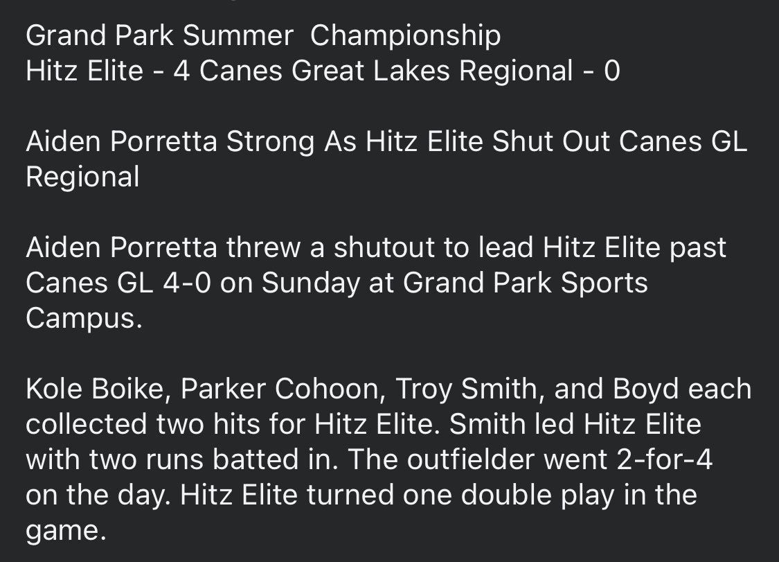 Grand Park Summer  Championship 
Hitz Elite - 4 Canes Great Lakes Regional - 0