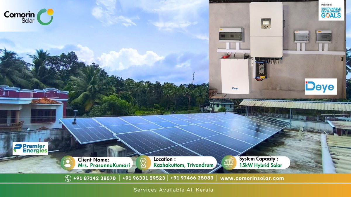 COMORINSOLAR1's tweet image. Customer Name : Mrs. PrasannaKumari, Trivandrum
👉 Project Specification — 15KW Hybrid Solar Plant
👉 Inverter —  Deye New Energy Hybrid Inverter 
👉 Solar Panel — Premier Energies TOPCon 610Wp Panel
#energy #EnergyStorage #netzero #solarpower #solarsystem #ClimateAction #Kerala