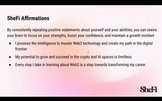 ontech09's tweet image. Day 1 of @shefiorg kicked off with affirmations & sisterhood vibes
In “Becoming a Blockchain Baddie” with Maggie Love @maggielove_ we covered:
– Transparent, secure distributed ledger
– Web3 & true data ownership
– Fungible tokens vs NFTs
– DeFi & real-world dApps
#Blockchain