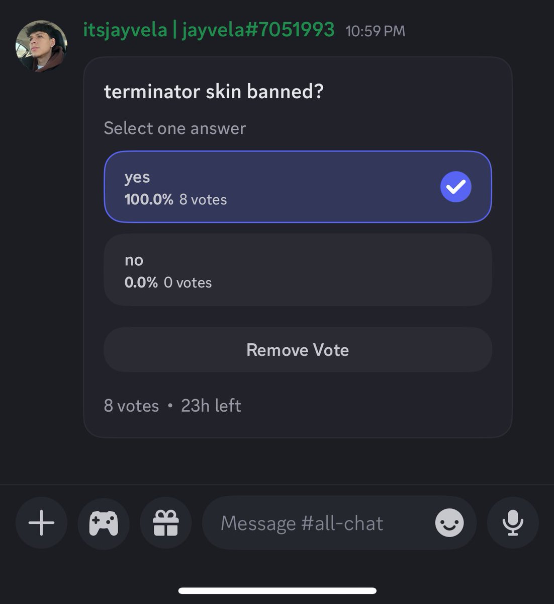 There is currently a poll going in the WSOW group discord to show competitor opinion on a terminator skin ban, hopefully leadership sees this and acts accordingly.