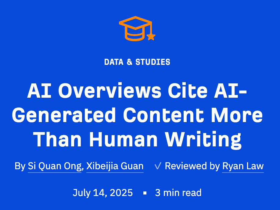 We all know that AI Overviews can hallucinate.

Google tries to solve this with grounding. 

But what if the cited sources are also AI-generated?

We ran a study on 500,000 pages and found that AI Overviews are more likely to cite AI-generated content than human-written content.