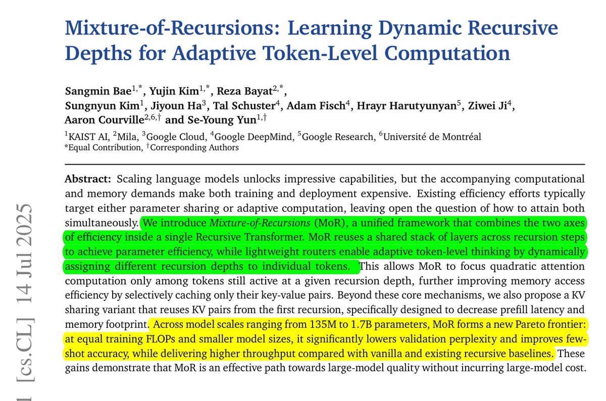 Rohan Paul (@rohanpaul_ai) on Twitter photo This is quite a landmark paper from <a href="/GoogleDeepMind/">Google DeepMind</a>
📌 2x faster inference because tokens exit the shared loop early.
📌 During training it cuts the heavy math, dropping attention FLOPs per layer by about half, so the same budget trains on more data.
Shows a fresh way to This is quite a landmark paper from <a href="/GoogleDeepMind/">Google DeepMind</a>
📌 2x faster inference because tokens exit the shared loop early.
📌 During training it cuts the heavy math, dropping attention FLOPs per layer by about half, so the same budget trains on more data.
Shows a fresh way to