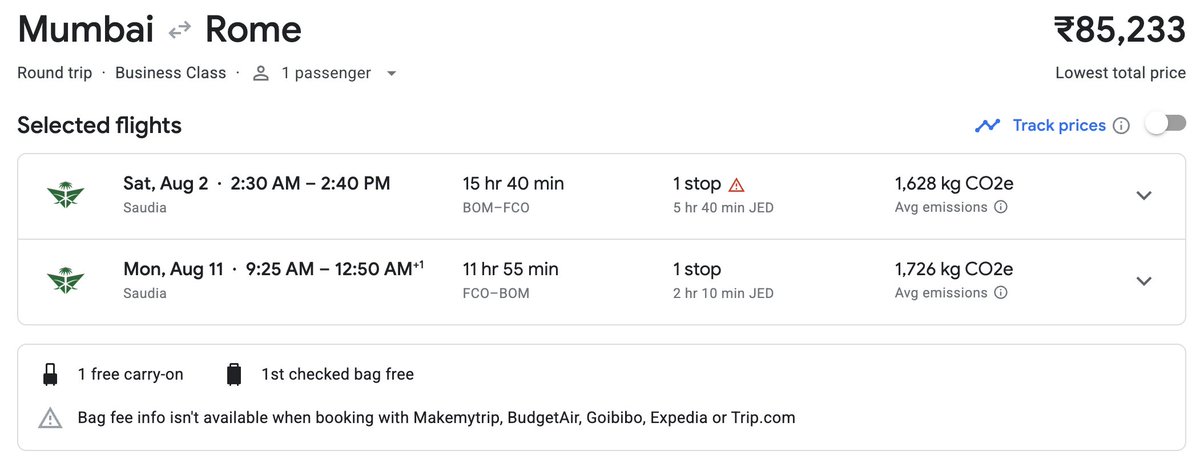 ✈️ Very nice Business Class Deal!

🇮🇳 Mumbai → Rome 🇮🇹 
💺 Business Class 
🛫 Saudia 
💰 ₹85,233 Round Trip 
📅 Dates in August

🔄 Retweet if this helps! ❤️ #trickyflightdeals