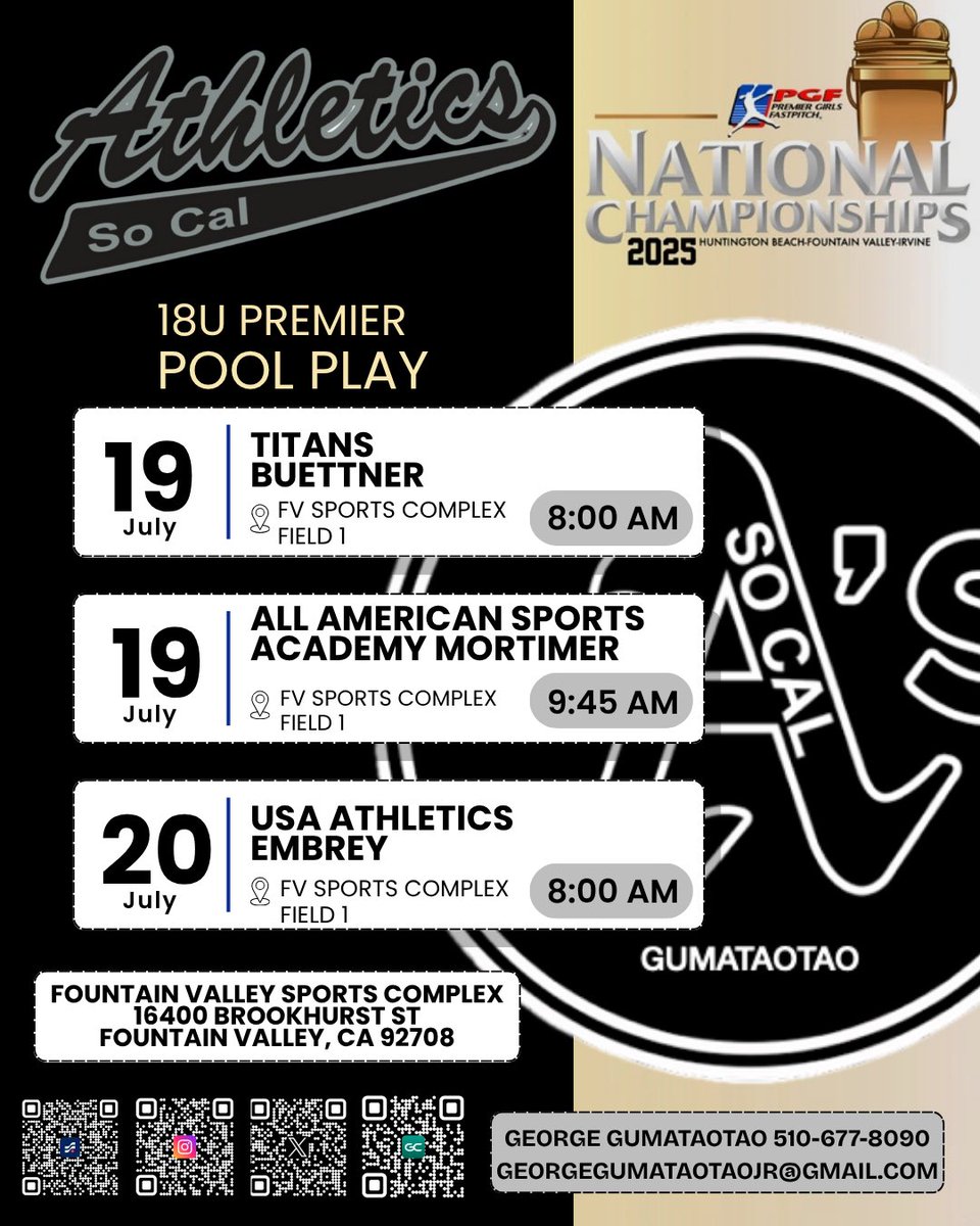Final Tournament for this squad, as many are headed to college in the fall. Come see this talented, competitive team play for each other <a href="/PGFnetwork/">PGF</a>   🌊🥎🩶🖤#LionsOnly🦁 #18UPremier #PGFnationals #SoCalAthletics