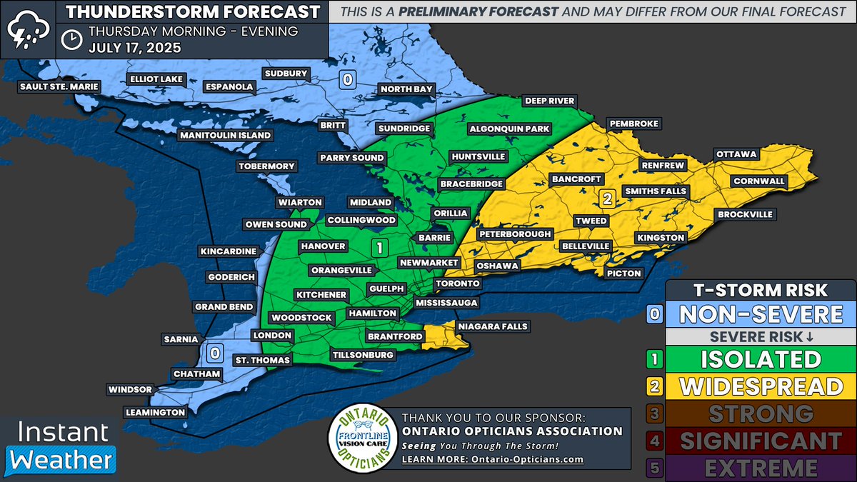 #ONStorm #ONwx ⚠️ EARLY LOOK: Heat Wave Ends With a Bang: Widespread Severe Thunderstorm Threat for Southern Ontario on Thursday

📅 Thursday, July 17, 2025

⤵️ VIEW THE FULL FORECAST:
instantweatherinc.com/article/ontari…

NOTE: This is a preliminary forecast and may change in our final