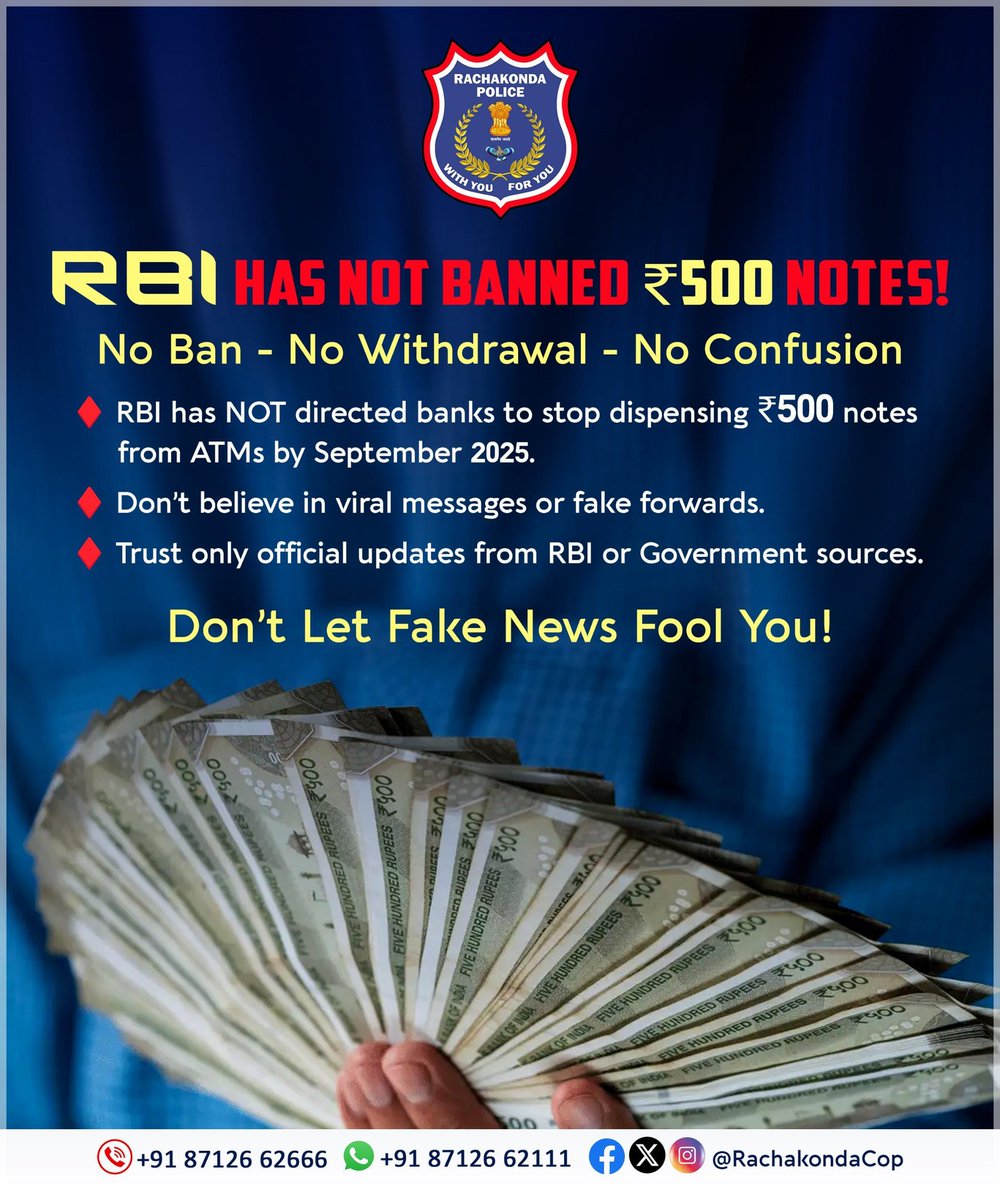📷 Fact Check: ₹500 Notes Are NOT Banned
📷 RBI has NOT banned ₹500 notes.
📷 No Ban – No Withdrawal – No Confusion
📷 RBI has NOT directed banks to stop dispensing ₹500 notes from ATMs by September 2025.
📷 Don’t fall for fake forwards or viral messages.
