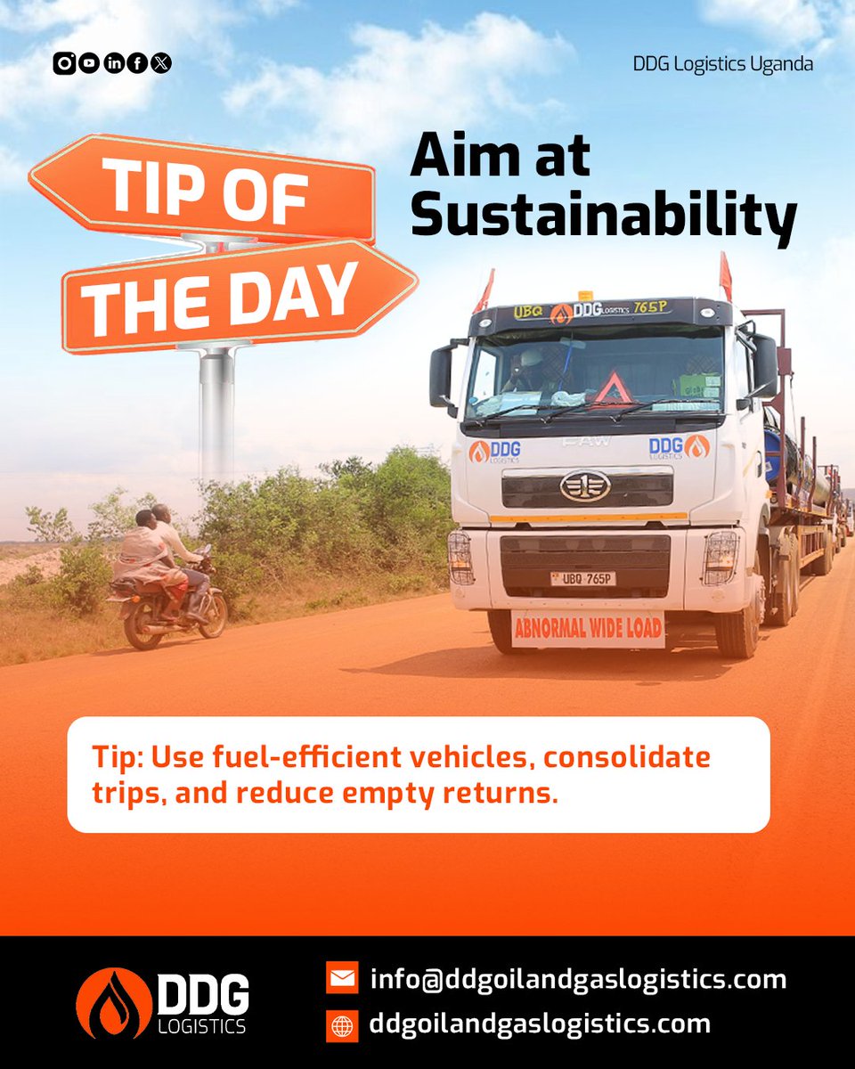 DDGLogistics's tweet photo. 💡 Tip of the Day from @DDGLogisticsUganda! 🚚

Aim for sustainability by using fuel-efficient vehicles, consolidating trips, and reducing empty returns. Let's drive towards a greener future together! 🌿

#DDGLogisticsUganda #LogisticsUganda #LogisticsTips https://t.co/pseJcn3sP4