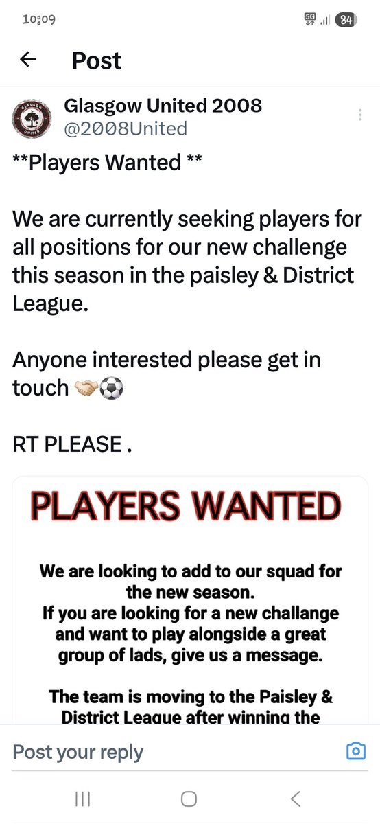 **Players Wanted **

We are currently seeking players for all positions for our new challenge this season in the paisley &amp; District League.

Anyone interested please get in touch 🤝🏻⚽️

RT PLEASE .