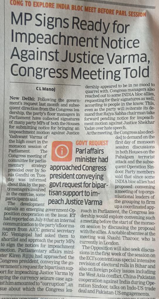 CLManojET's tweet image. Congress floor managers mop up party MPs' signatures for giving notice for impeachment of Justice Varma amid Govt push for bipartisan pact. Pahalgam and SIR issues may give Parliament session a stomy start @ETPolitics share.google/4hgoYgUYp9XwqF…