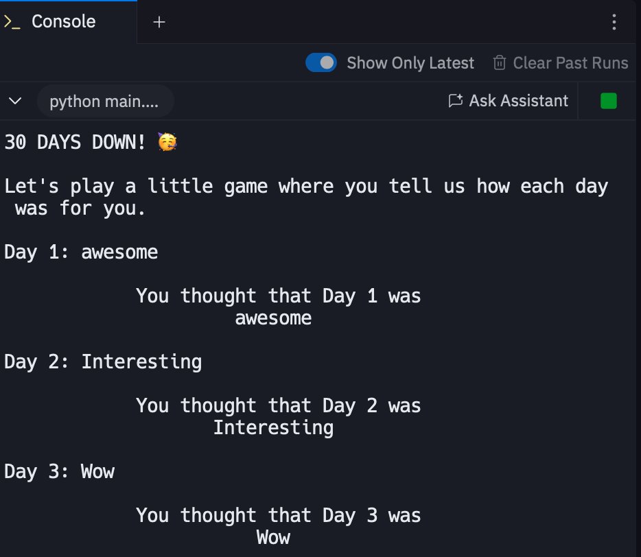 Reflecting on my amazing work from the last 30 days. Created a reflection journal 📓. Day 30 of #Replit100DaysOfCode #100DaysOfCode. Join me on <a href="/Replit/">Replit ⠕</a> join.replit.com/python