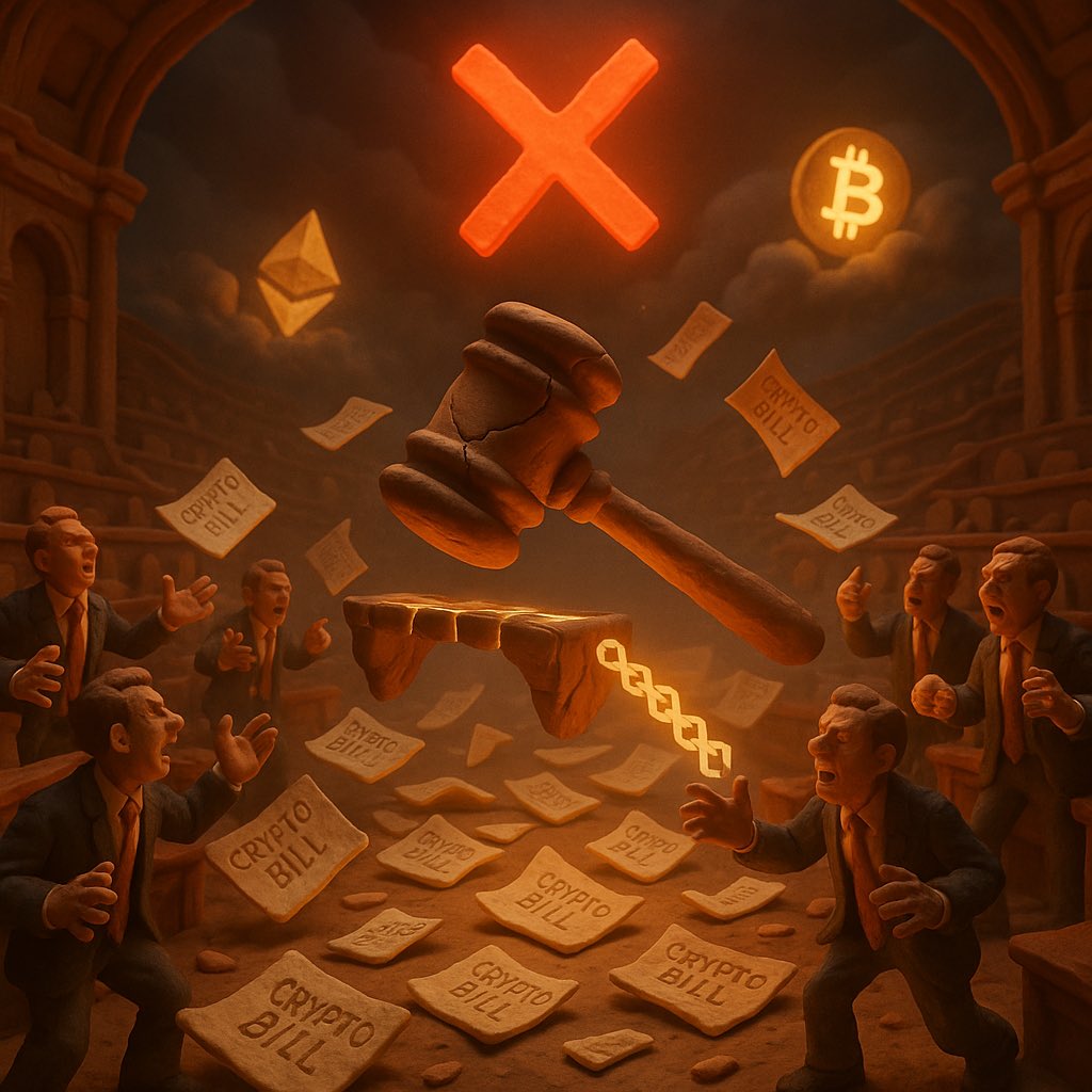 DeFiJackpot's tweet photo. FAIL! Congress Just Blocked Crypto Bills – What Now?

Bitcoin’s dip today isn’t just a cooldown — CNBC reports the procedural vote that would’ve advanced THREE major crypto bills just failed.

This stalls the Stablecoin Bill, Custody Clarity, and Anti-CBDC protections — all crucial to the U.S. becoming a global crypto hub.

Meanwhile:

- $1.3B in shorts were liquidated during the recent spike

- Bullish catalysts still remain

- Price is cooling after a short-squeeze run

This isn’t over — it’s a pause. Eyes on the next move.