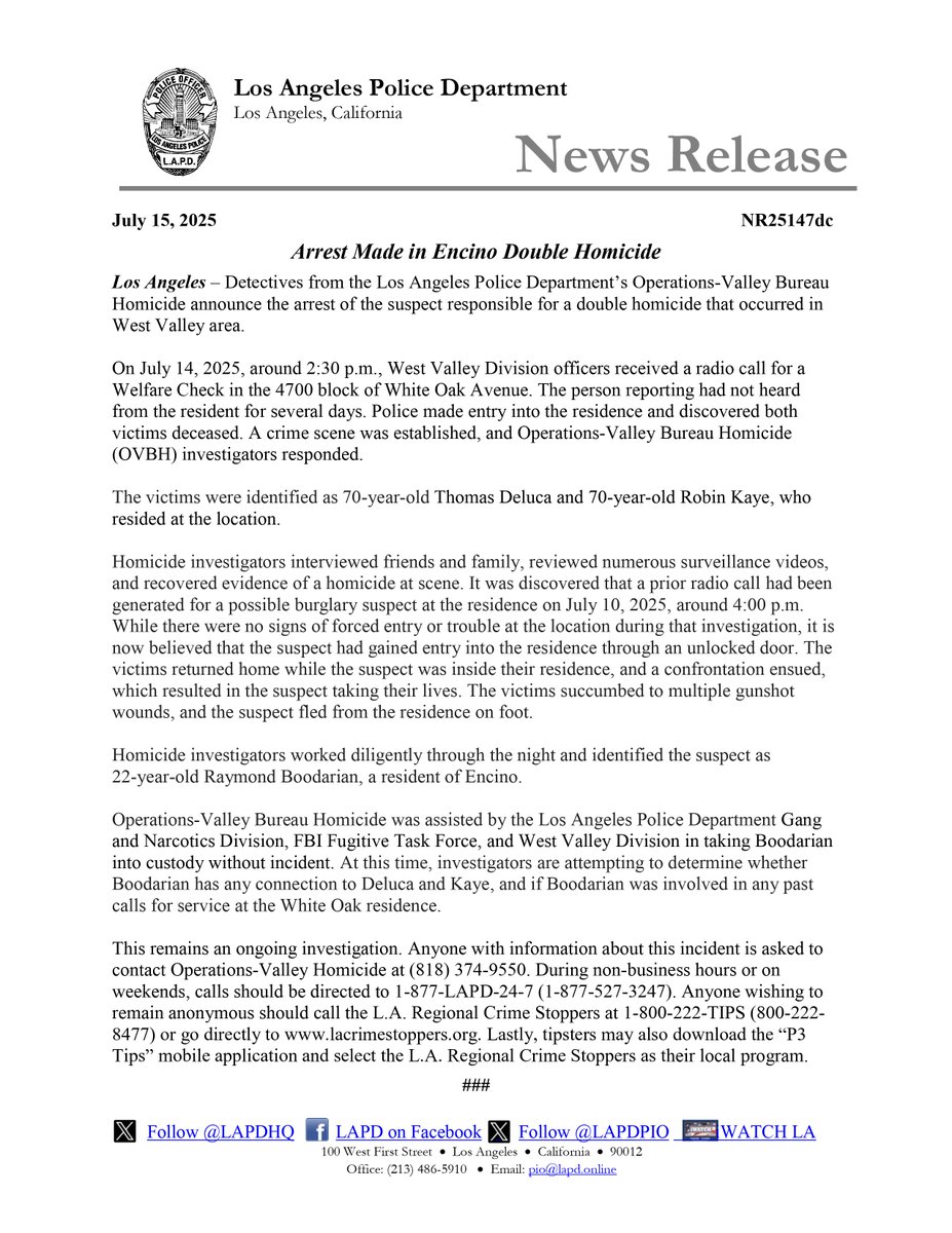 LAPD NEWS: NR25147dc Arrest Made in Encino Double Homicide