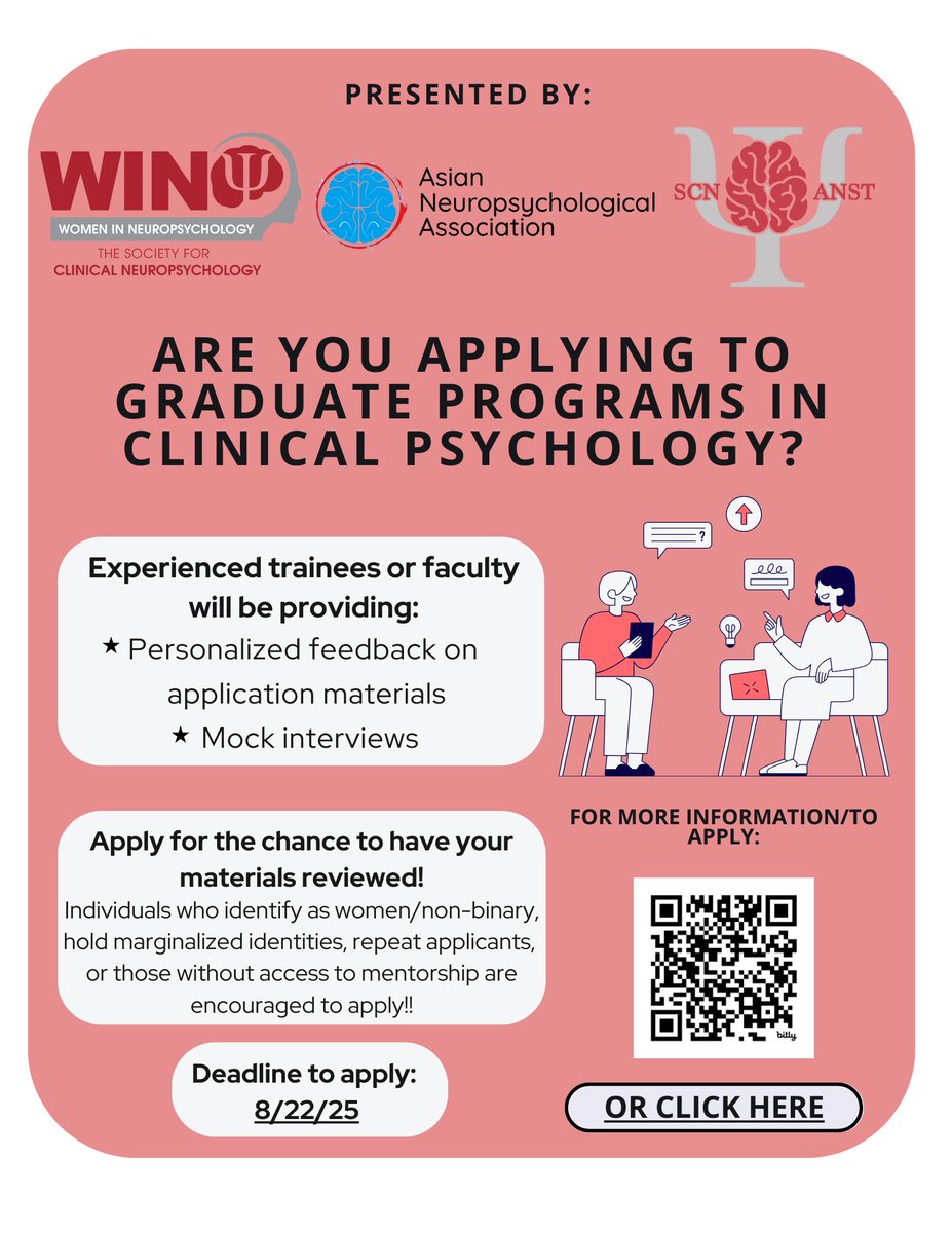 SCN_WIN's tweet image. Are you applying to graduate programs in clinical psychology?
Are you passionate about increasing equity in the field as an intern, postdoc or faculty member?
‼️Sign up for the Linking with Liaisons Initiative today‼️
Scan the QR codes on the attached flyers for more details