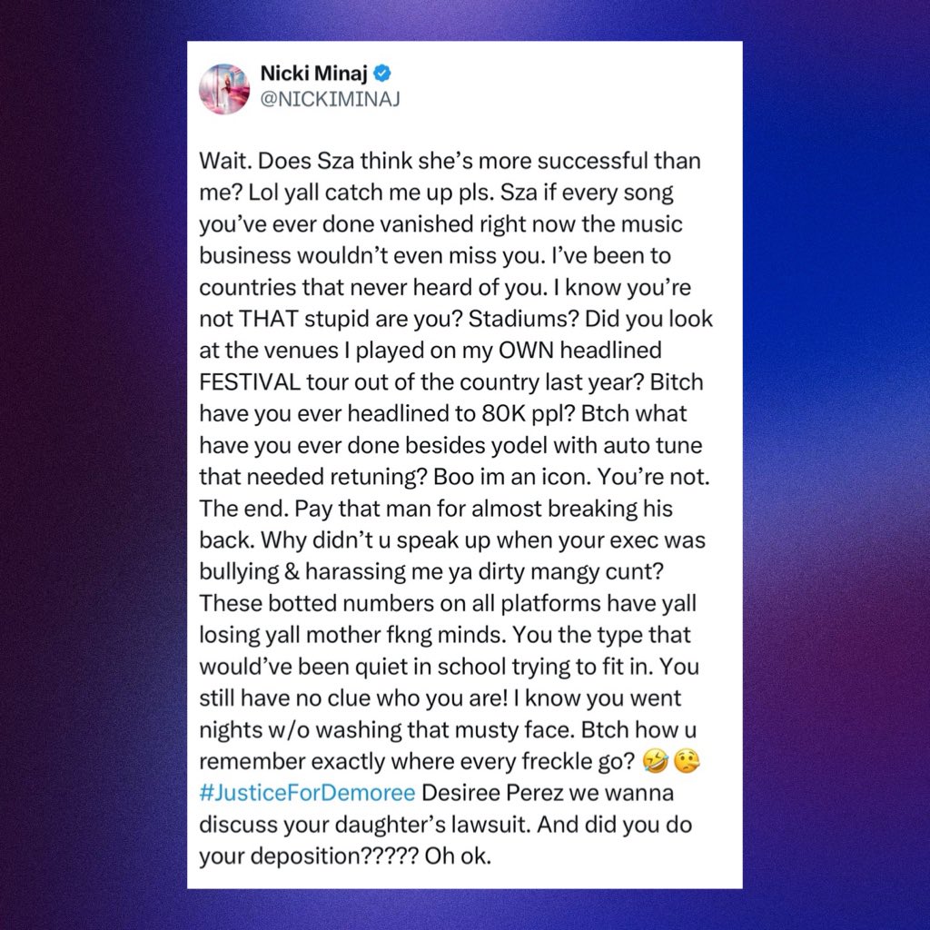 PopBase's tweet image. Nicki Minaj on her success compared to SZA’s:
“Does Sza think she’s more successful than me? Lol yall catch me up pls. Sza if every song you’ve ever done vanished right now the music business wouldn’t even miss you. I’ve been to countries that never heard of you.“