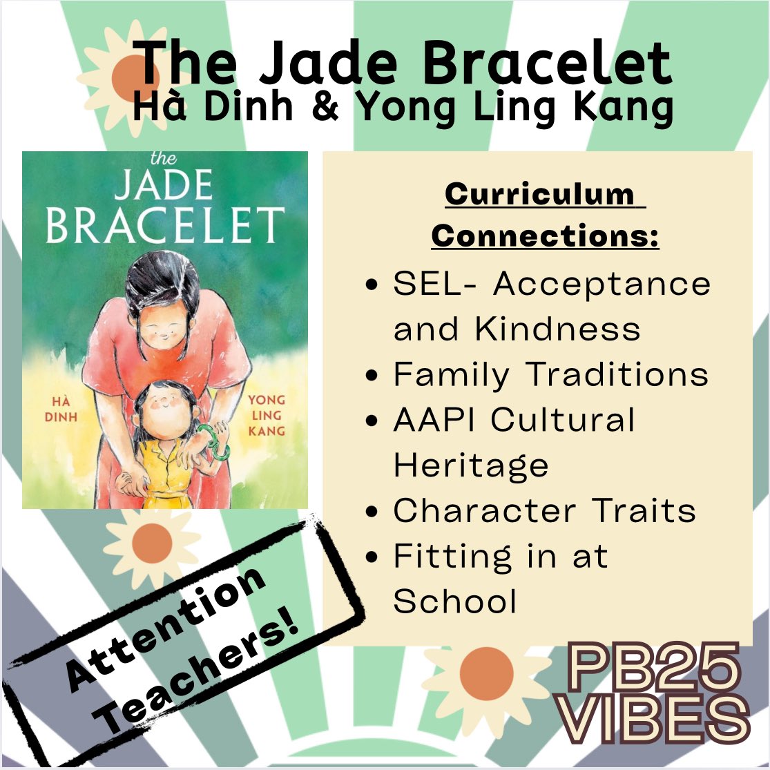 PB25Vibes's tweet image. Attention #teachers!
Check out all of the curriculum connections that you can make when reading THE JADE BRACELET by Hà Dinh & Yong Ling Kang!
#kidlit #picturebook #teacher