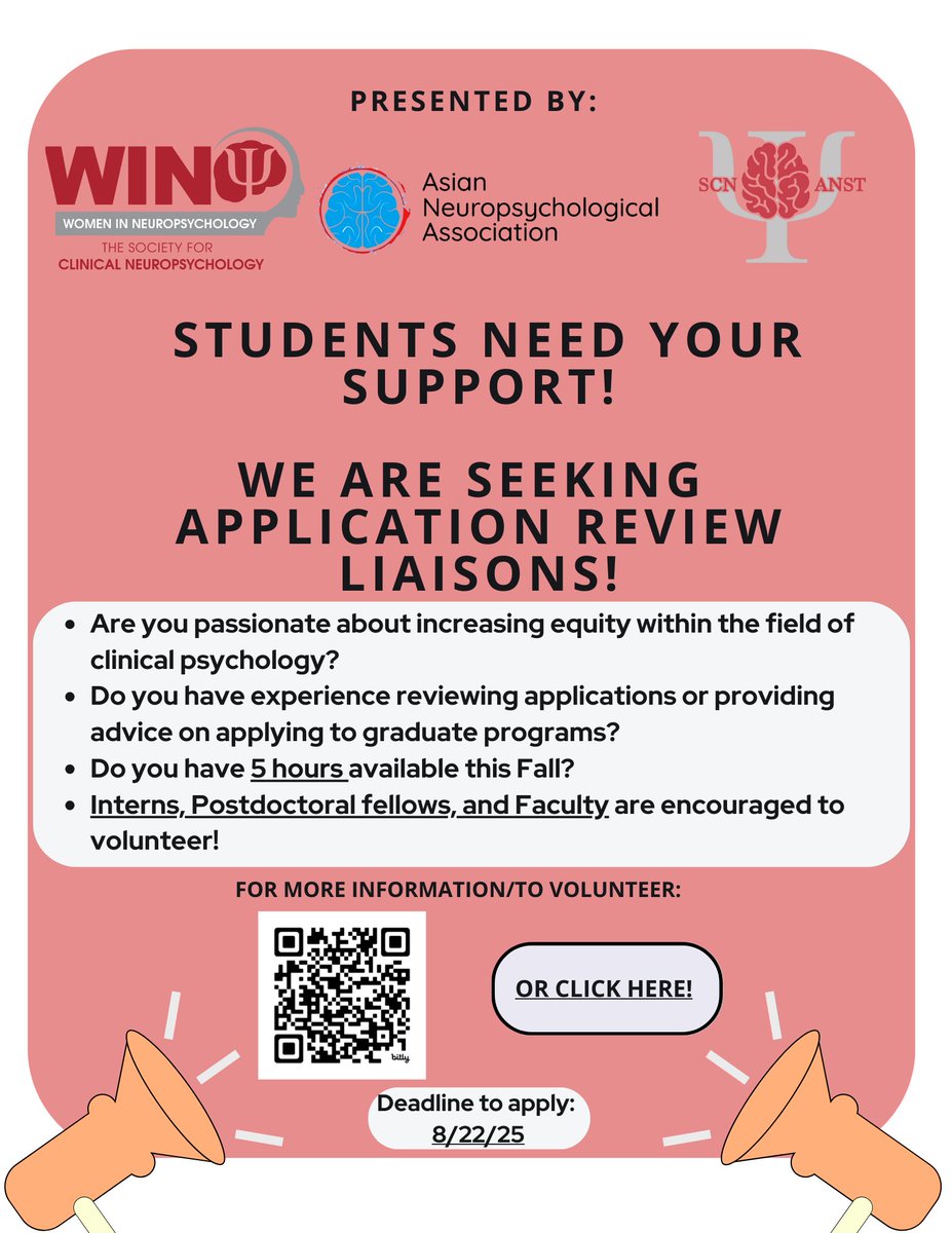 SCN_WIN's tweet image. Are you applying to graduate programs in clinical psychology?
Are you passionate about increasing equity in the field as an intern, postdoc or faculty member?
‼️Sign up for the Linking with Liaisons Initiative today‼️
Scan the QR codes on the attached flyers for more details
