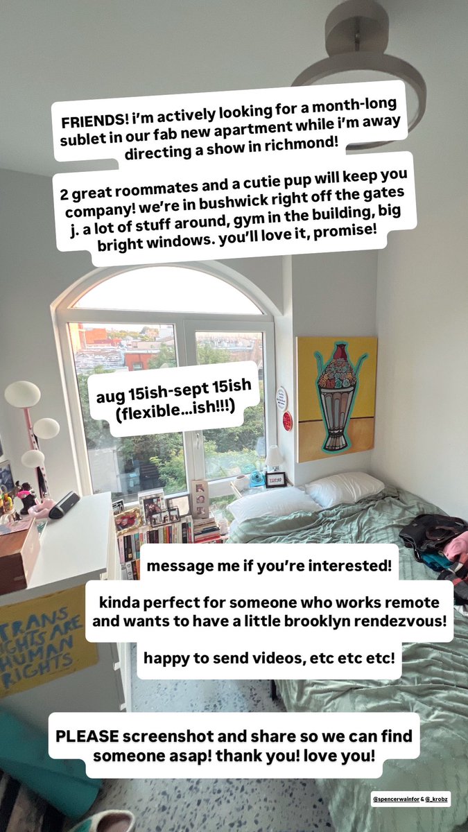 deejay_gray's tweet image. heyyyyyy! do you or someone you know wanna live in my room in our cute new apt in brooklyn for a month while i go direct a play in richmond??? 🤞😇🤞
hit me up! (and pretty please share so we can find someone asap!) thank you! love you!