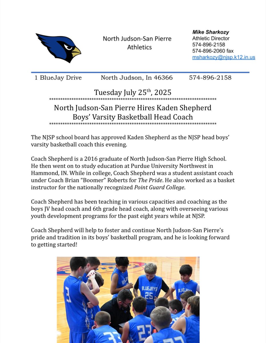 KVBsports's tweet photo. The North Judson-San Pierre School board has approved the hire of their new Boys Basketball Head Coach. North Judson-San Pierre Athletic Director Michael Sharkozy has confirmed the news with WKVI that Kaden Shepherd has been approved. Here is the official press release! https://t.co/2ELIzVRs2C