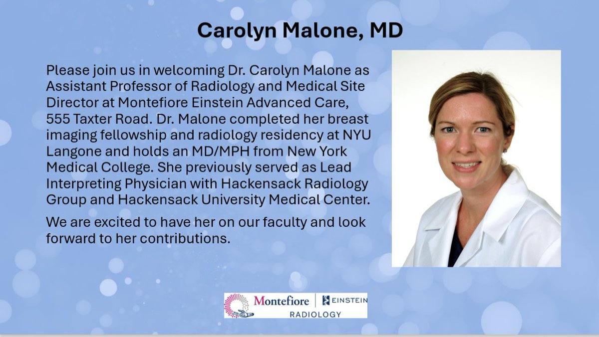 MontefioreRAD's tweet image. Warm welcome to Dr. Carolyn Malone who has joined @MontefioreRad in the Breast Imaging Division and will serve as Medical Site Director at #MEAC Elmsford. @MontefioreNYC @EinsteinMed