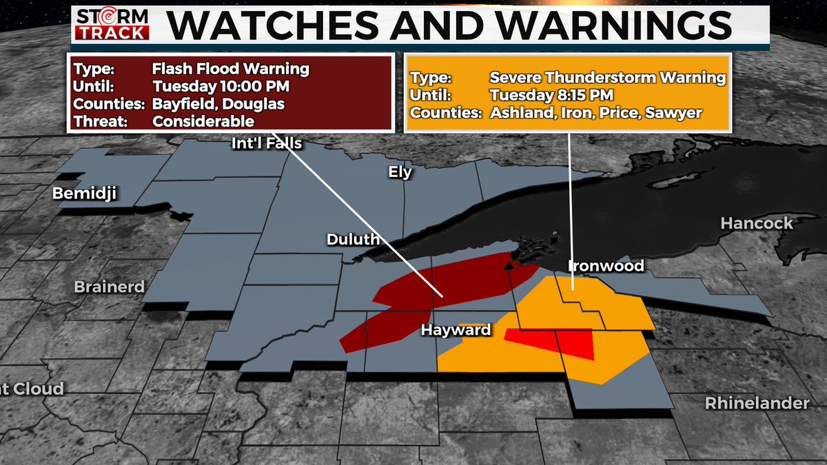 WDIO STORM TRACK ALERT:  Tornado Warning for Price, Sawyer, Ashland Counties.  More details about the alert can be found at wdio.com/weather-alert/