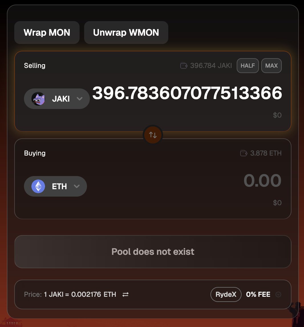 rydexExchange's tweet photo. If a pool for your selected token doesn't exist yet, you'll see this message. Just pick another token for now. Currently, every pool is $WMON paired with any other token. In the future, you'll be able to swap any tokens via routing. https://t.co/ux7B3Jk9Lv