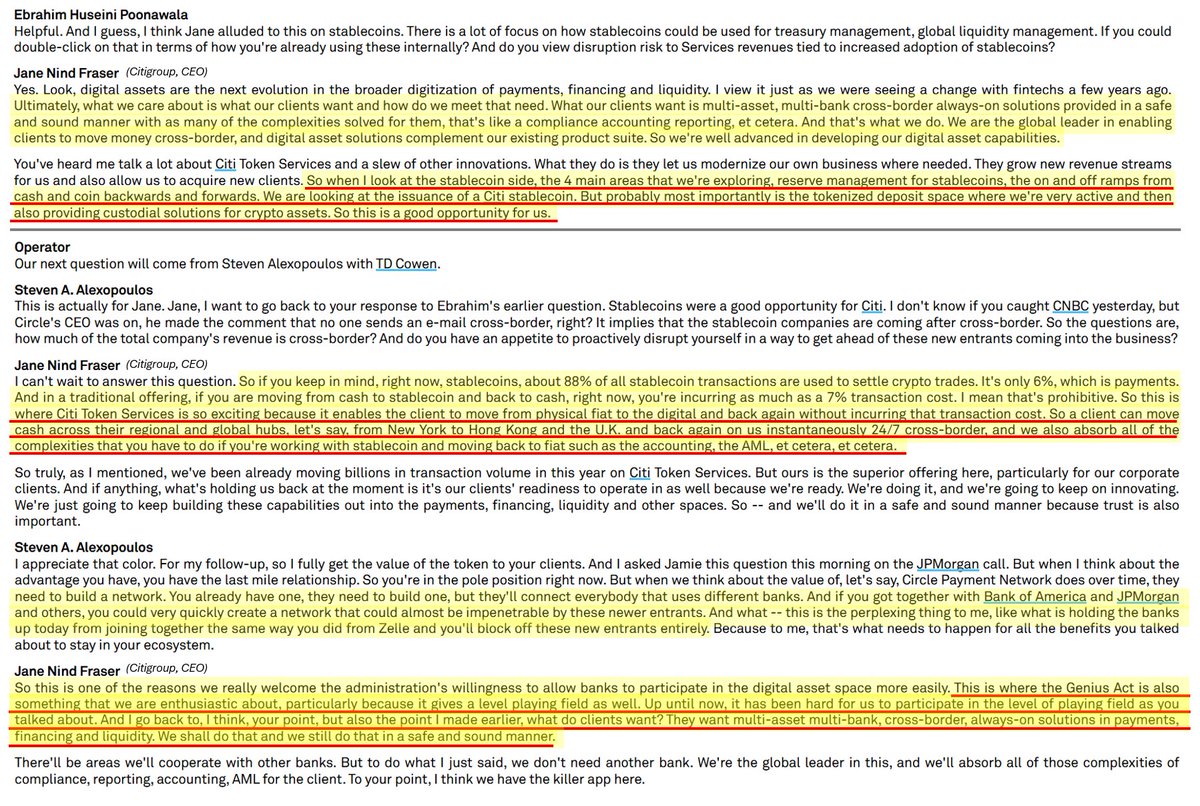 TLDR - Citi's Stablecoin + Crypto Plans from earnings:

- Citi clients want real-time multi-asset, multi-bank, x-border solution w/ compliance, accounting all solved

- Citi Looking at 4 areas: ramps (fiat &lt;-&gt; crypto), reserve management, own stablecoin + tokenized deposits 

-