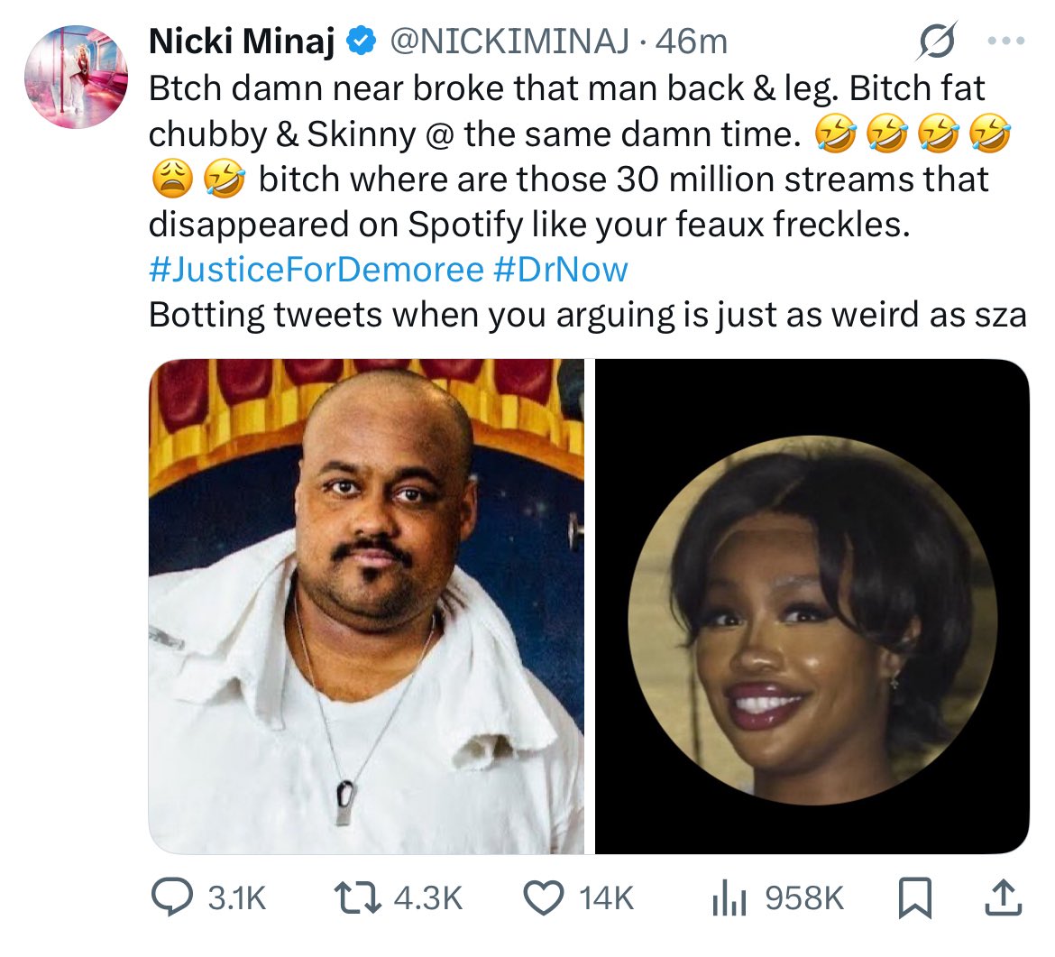 TheFameVault's tweet image. Nicki Minaj and Sza go back and forth in recent tweets.