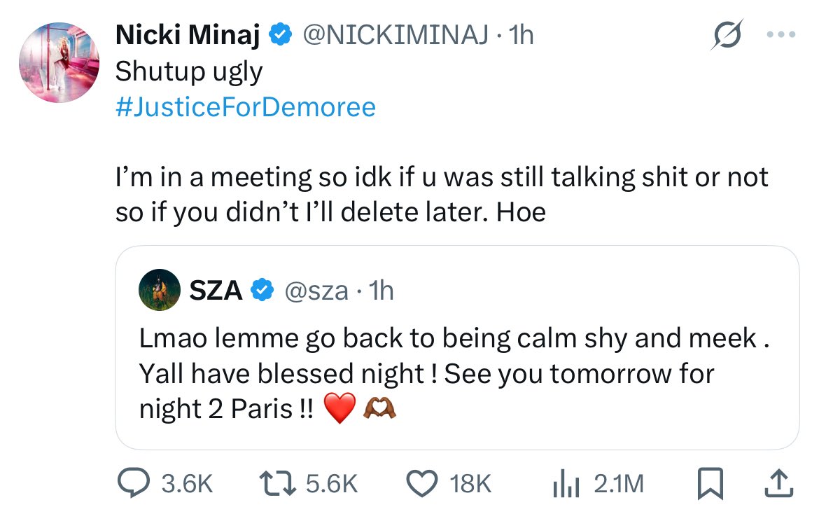 TheFameVault's tweet image. Nicki Minaj and Sza go back and forth in recent tweets.