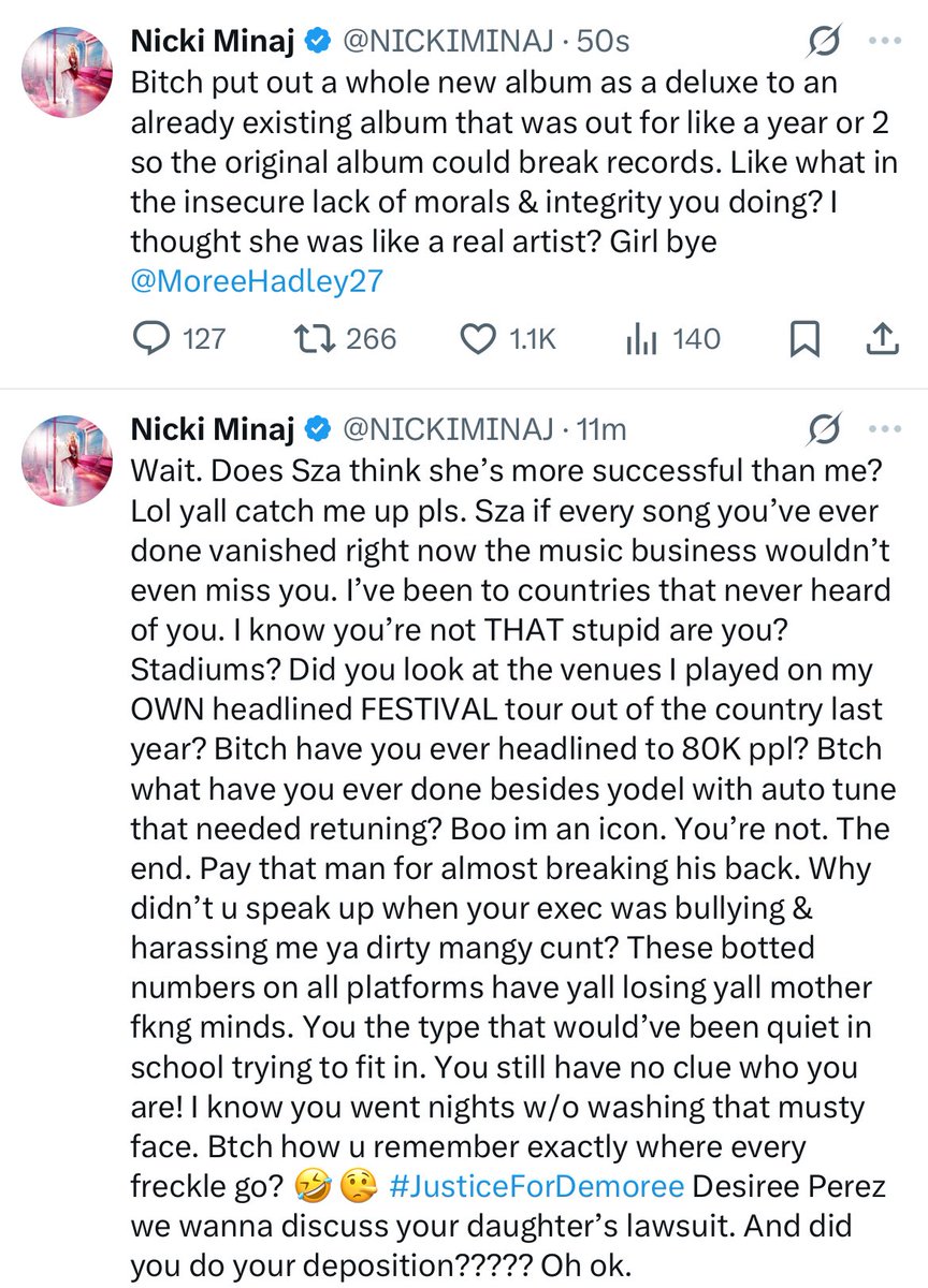 TheFameVault's tweet image. Nicki Minaj and Sza go back and forth in recent tweets.