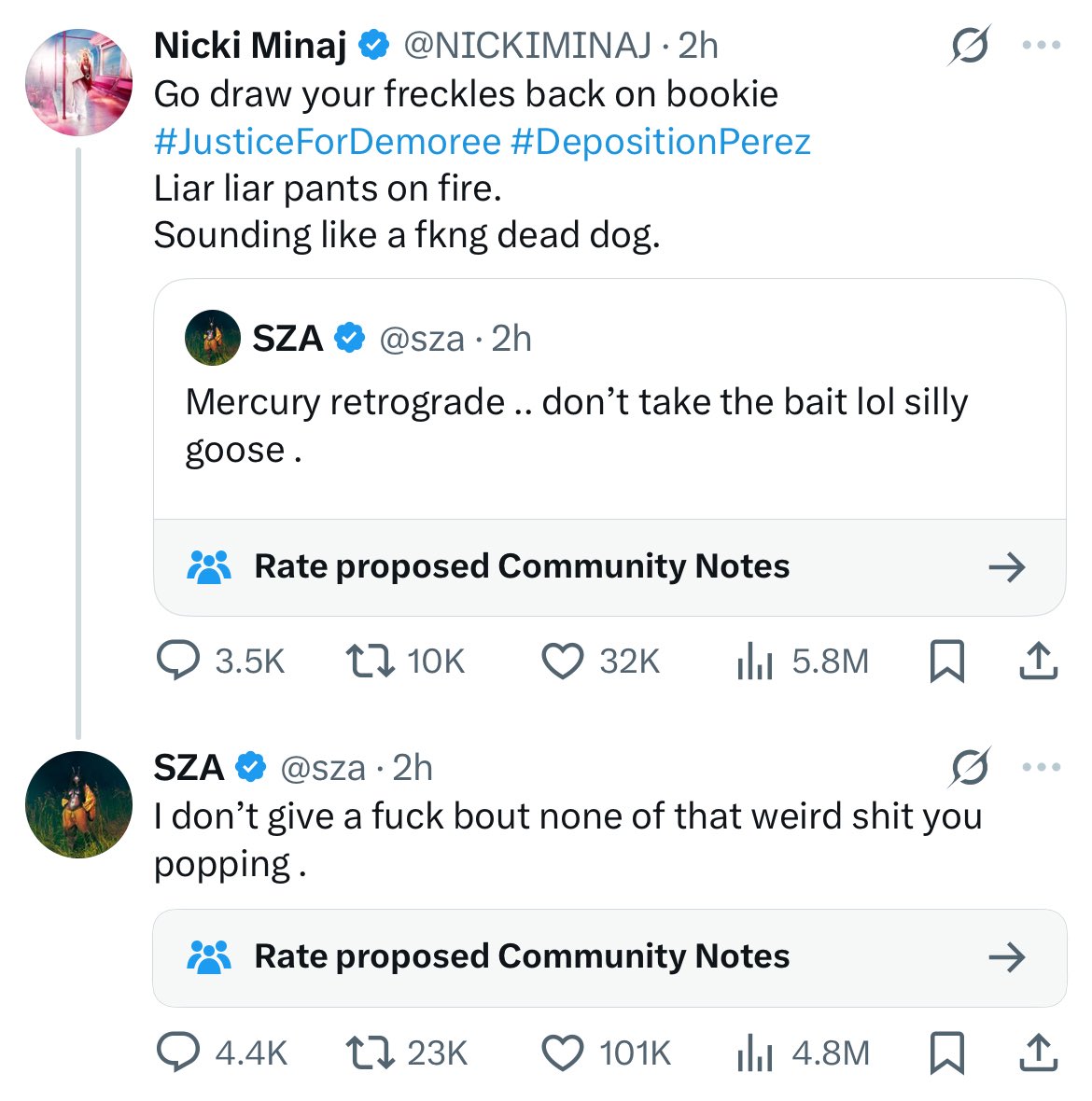 TheFameVault's tweet image. Nicki Minaj and Sza go back and forth in recent tweets.