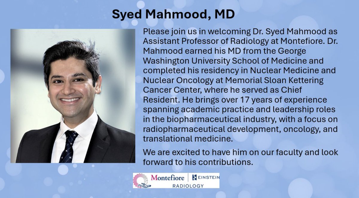 MontefioreRAD's tweet image. Join us in welcoming Dr. Syed Mahmood to the Nuclear Medicine Division @MontefioreRad . He brings a wealth of experience and expertise and we look forward to his contributions in #Theranostics and #MolecularImaging. @MontefioreNYC @EinsteinMed
