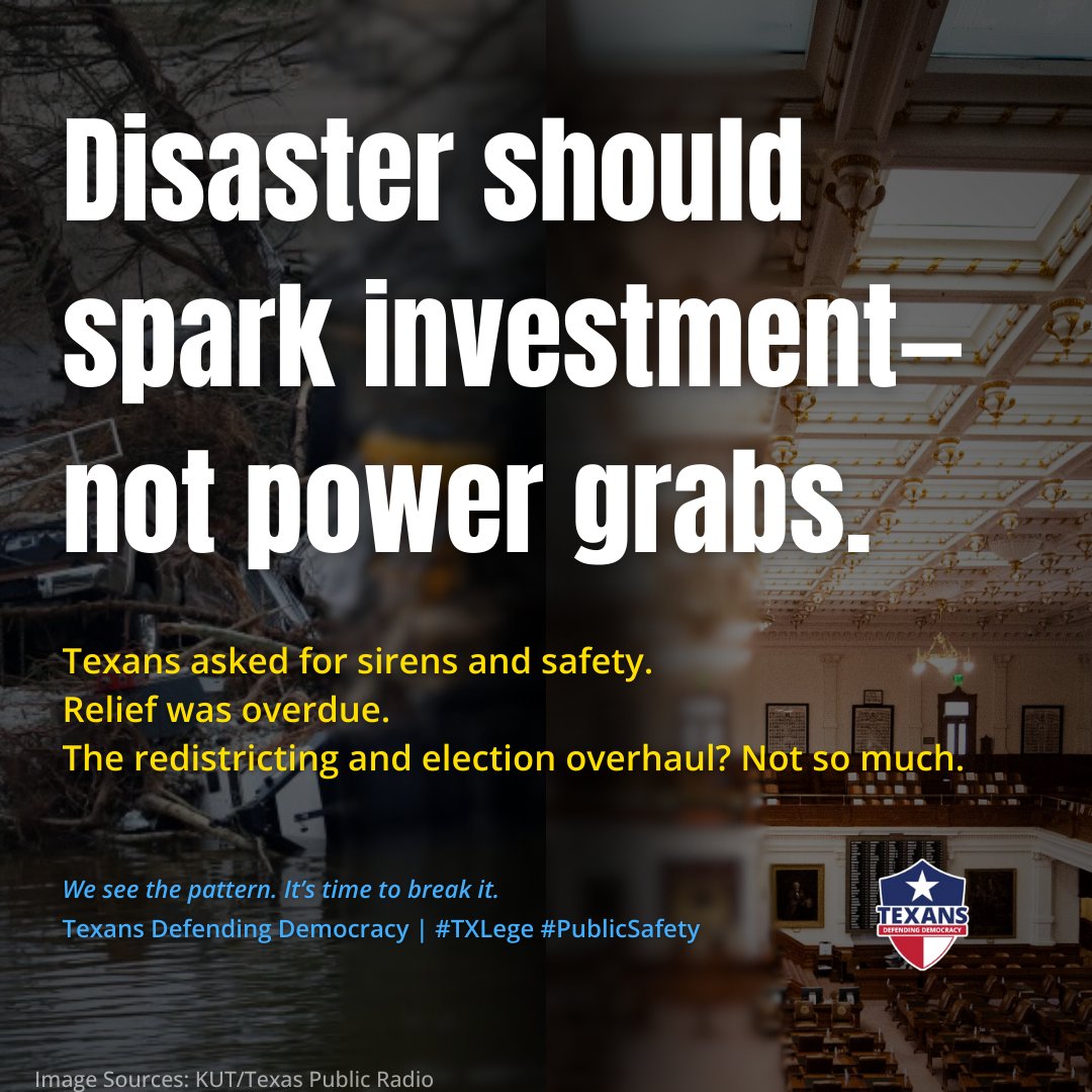 TXNSDD's tweet image. While Texans grieve, power grabs creep in.
The special session includes disaster relief—
but also:
📍 Redistricting overhaul
📍 Expanded election prosecution powers
Don’t let grief be used as cover.
🔗 texansdefendingdemocracy.substack.com/p/from-flood-r…
#TXLege #ProtectTheVote