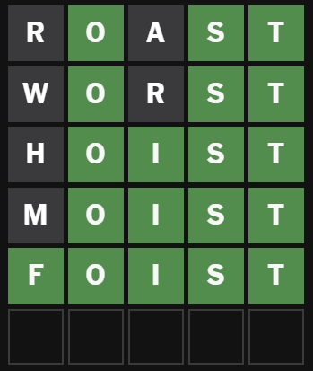 Wordle 1,487 5/6
I get the appeal now lol

⬛🟩⬛🟩🟩
⬛🟩⬛🟩🟩
⬛🟩🟩🟩🟩
⬛🟩🟩🟩🟩
🟩🟩🟩🟩🟩