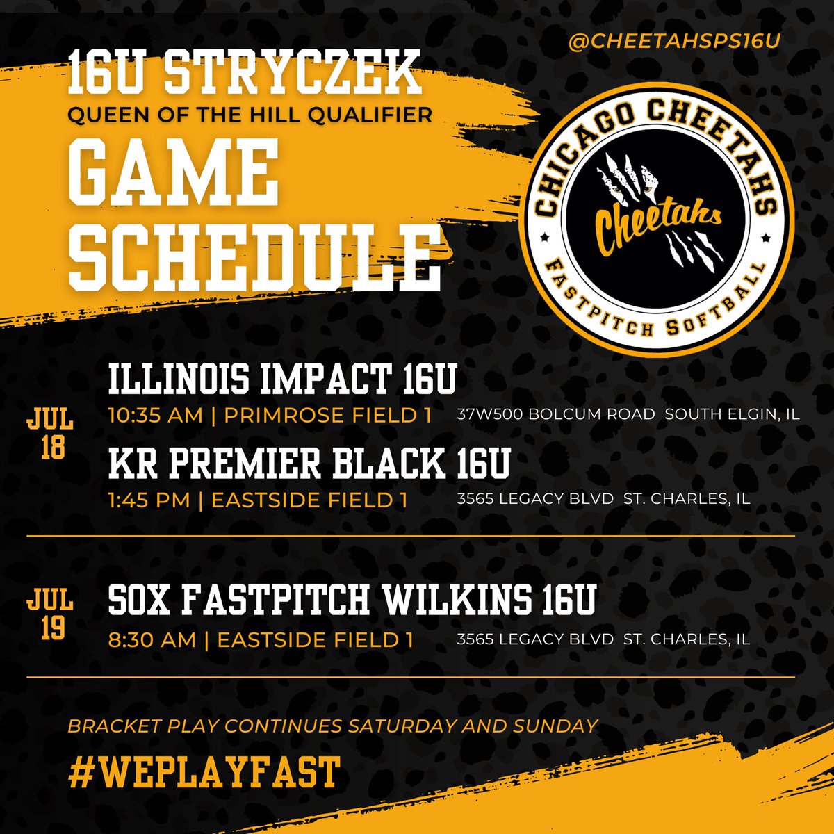 Chicago Cheetahs Stryczek 16u (@cheetahsps16u) on Twitter photo Can’t stop, won’t stop. Back at it in St. Charles this weekend. Let’s go! Come check us out! 🐅🥎🐅 Can’t stop, won’t stop. Back at it in St. Charles this weekend. Let’s go! Come check us out! 🐅🥎🐅