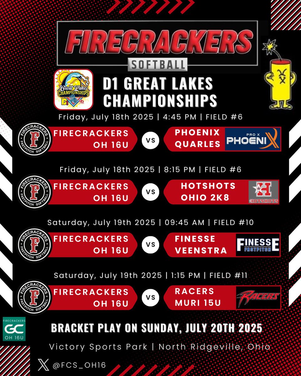 Headed to <a href="/d1fastpitch1/">D1 Fastpitch</a> Great Lakes Championships this weekend! Come check us out! 💪🥎🧨 <a href="/Firecrackersinc/">Firecracker Softball</a>